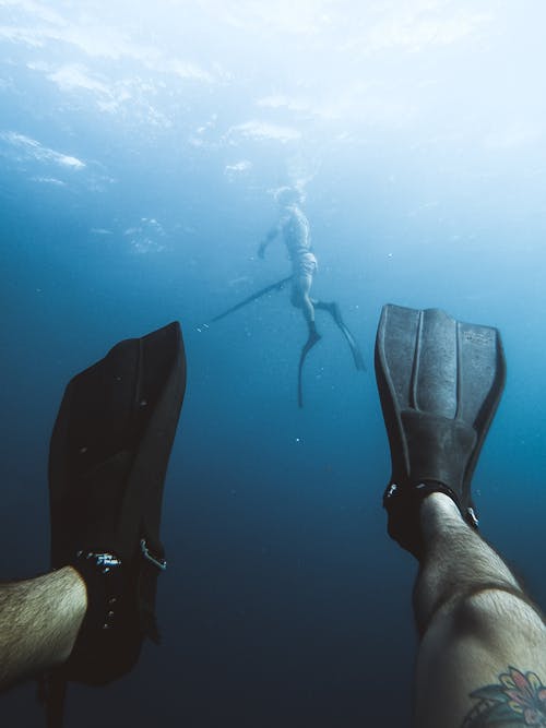 Legs in Fins in the Foreground and Person Spearfishing