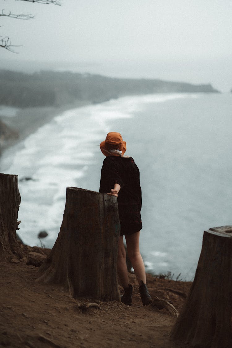 Woman Looking On The Sea View Touching A Stump