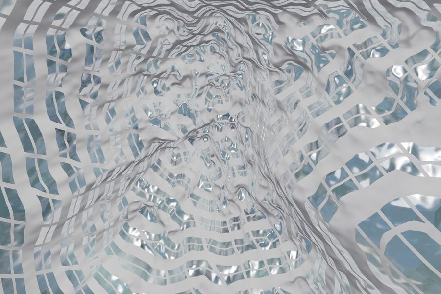 Abstract design featuring rippling water reflections in a warped grid pattern.
