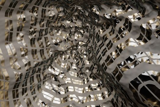 A captivating abstract rendering of a metallic wave pattern with reflective surfaces, ideal for artistic backgrounds.