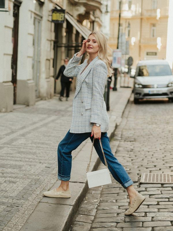 Tartan plaid blazer with jeans