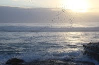 日出时分，海浪飞溅的迷人景色营造出宁静的海景