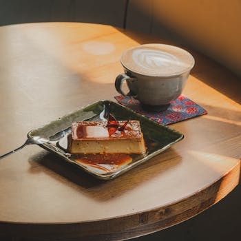 A cozy coffee setup featuring caramel flan dessert paired with a latte art coffee on a sunny café table.