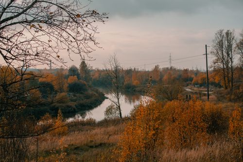 Free Capture the tranquility of an autumn river with amber foliage in this serene landscape image. Stock Photo