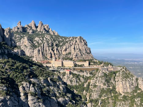 Captivating view of Montserrat Monastery nestled among rugged peaks in Catalonia, Spain.