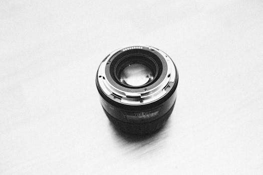 Minimalist black and white image of a camera lens in an artistic style.