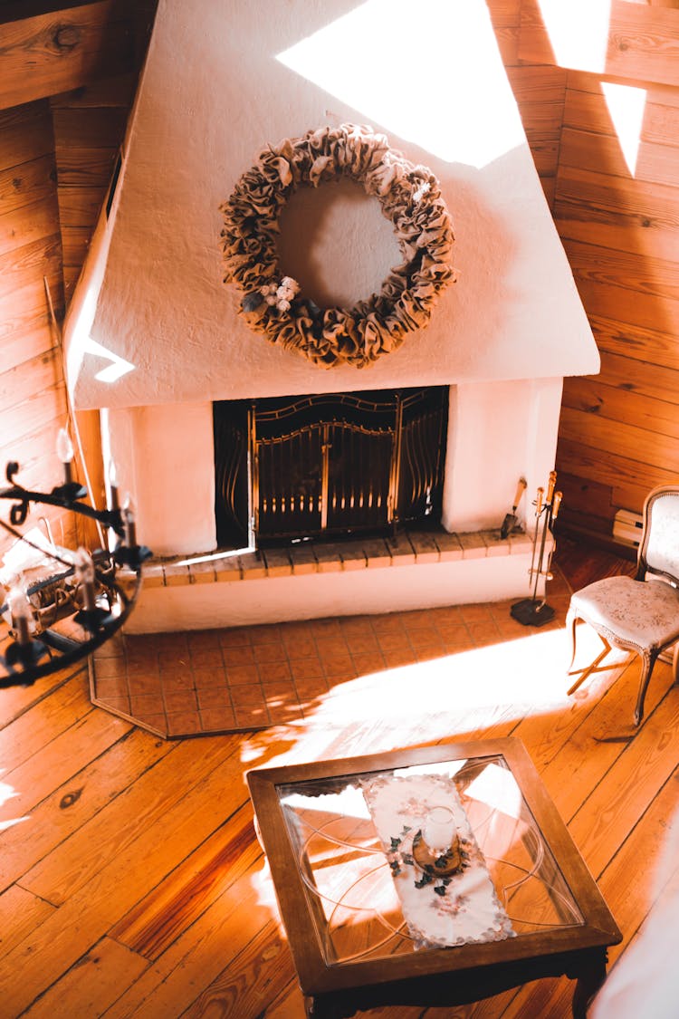 Above Shot Of Fireplace Inside A Cabin 