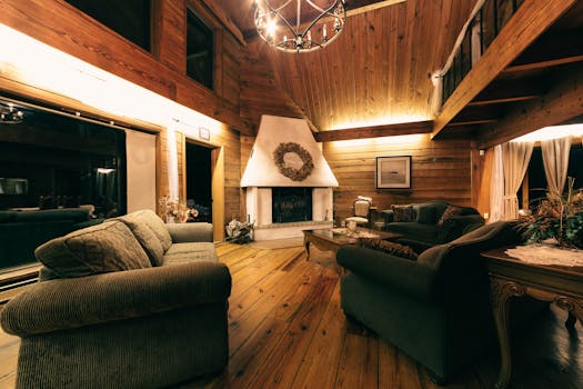 Warmly lit rustic living room featuring a fireplace and wooden decor.