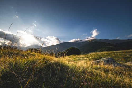 Free Tranquil mountain view featuring a sunlit grassy meadow and clear sky, perfect for nature enthusiasts. Stock Photo