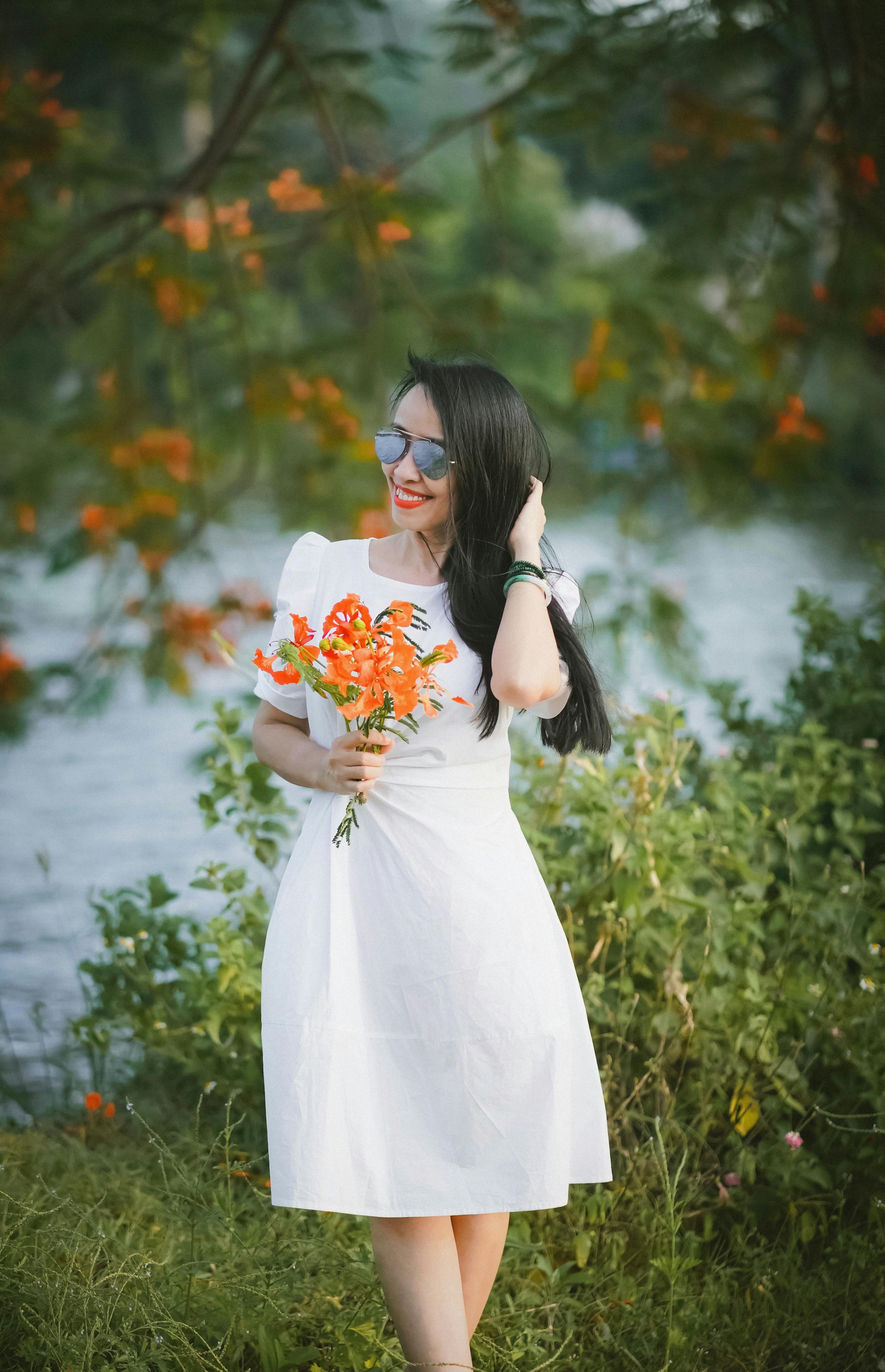 White dress hot sale orange flowers