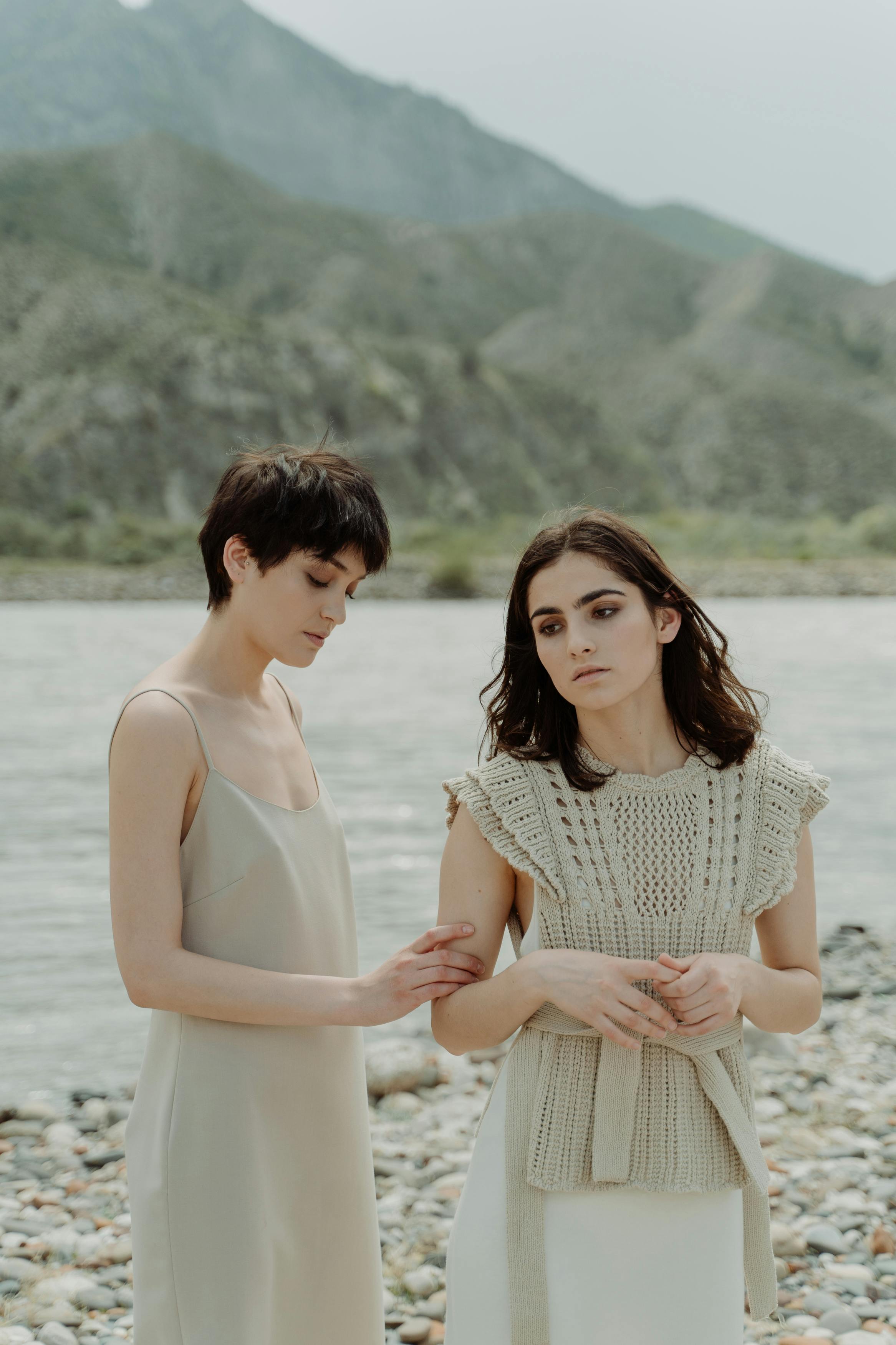 stylish women in beige colored clothing