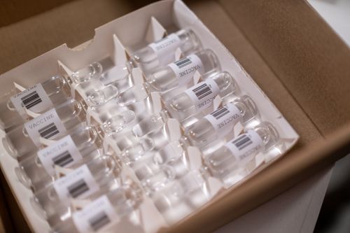 Free Box of COVID-19 vaccine vials ready for distribution. High-quality stock image for health-related content. Stock Photo
