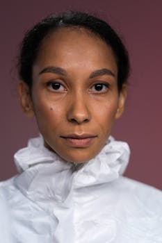 Close-up portrait of a woman in protective workwear against a pink background.