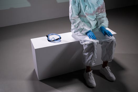 Healthcare worker in full PPE sitting indoors with protective goggles and gloves.