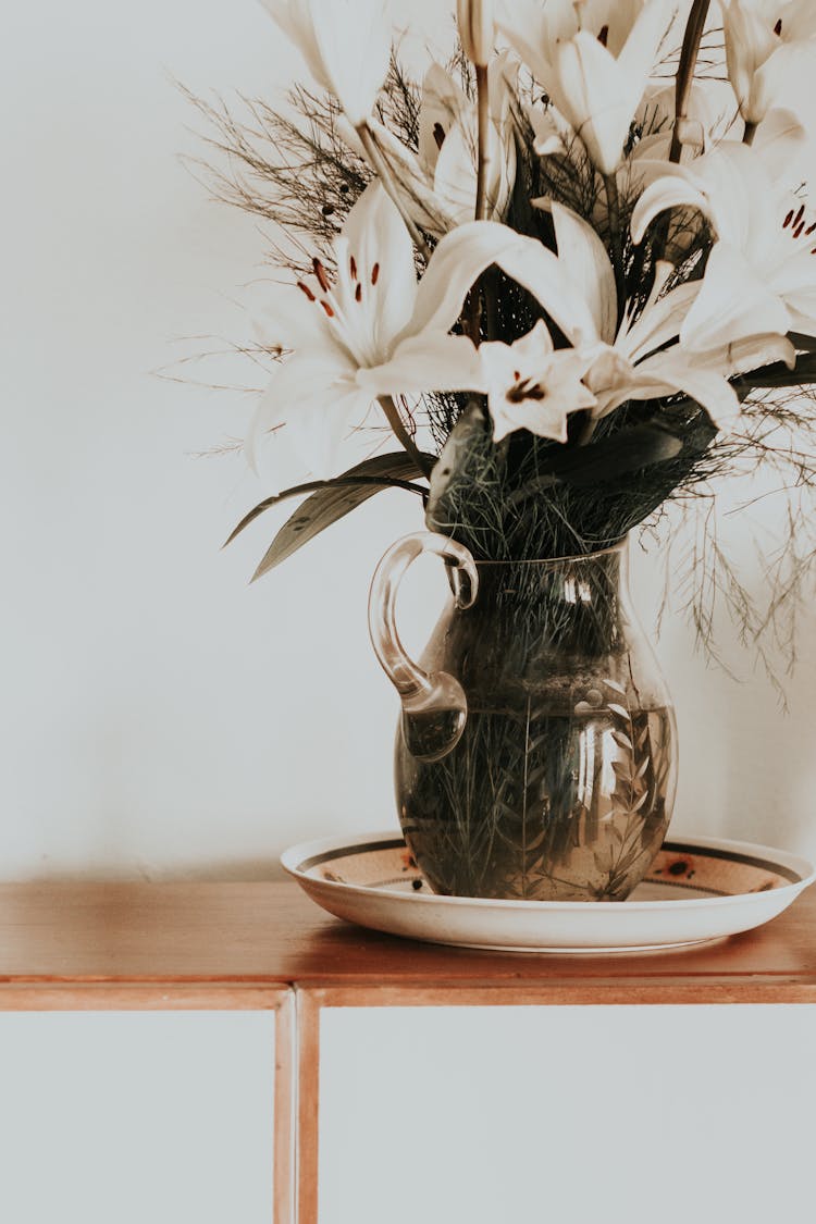 Bouquet Of White Lilies In Glass Vase