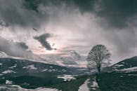 在戏剧性的天空下，一棵孤树矗立于山前，构成一幅宁静的冬日景象