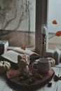 Book, Candle, Mug, Sculpture and Chestnuts by Window