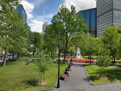 A sunny day at a lush urban park in downtown Montreal with people relaxing among green trees and high-rise buildings.