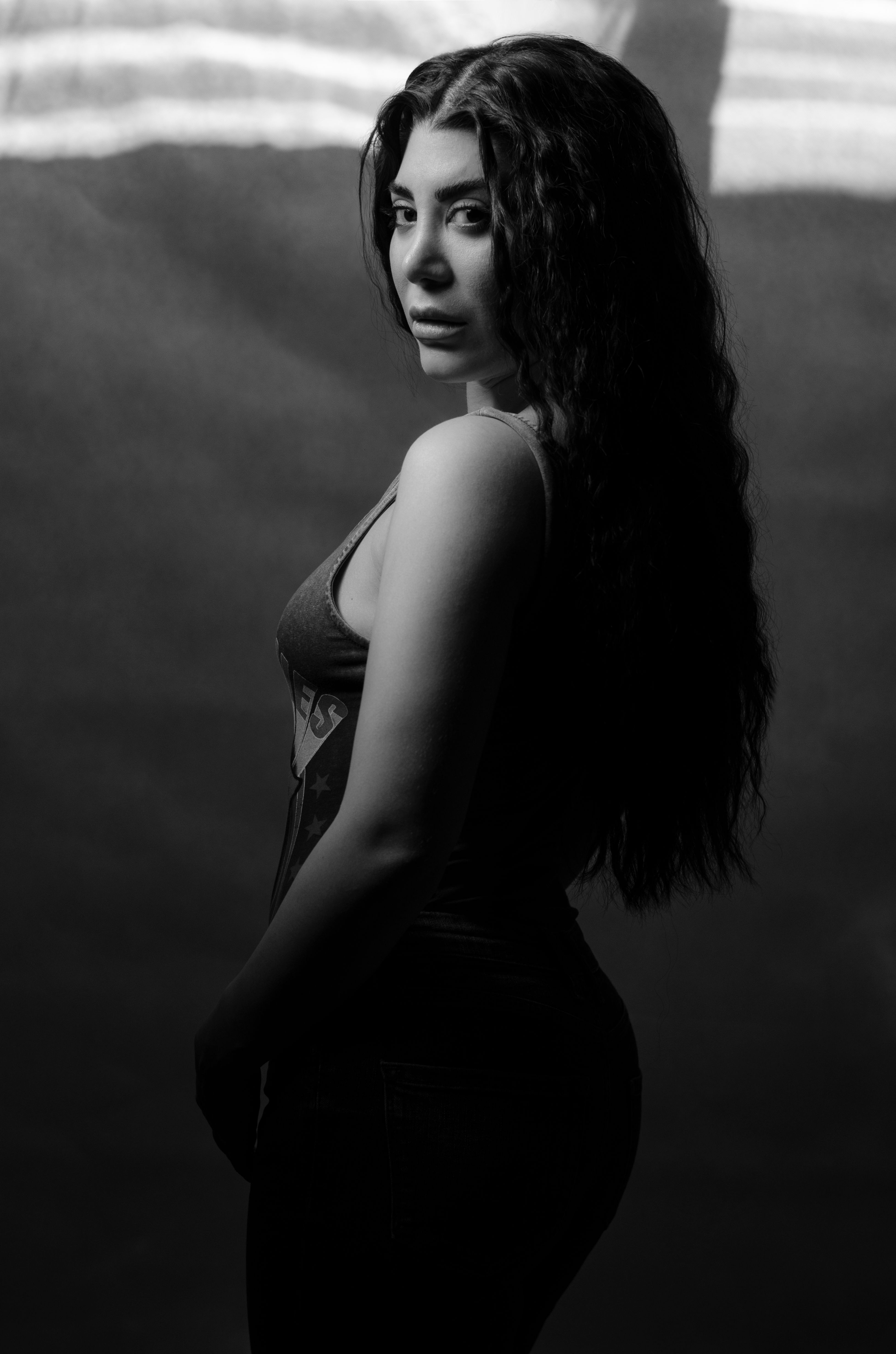 Stunning monochrome portrait of a woman posing elegantly, showcasing dramatic lighting.