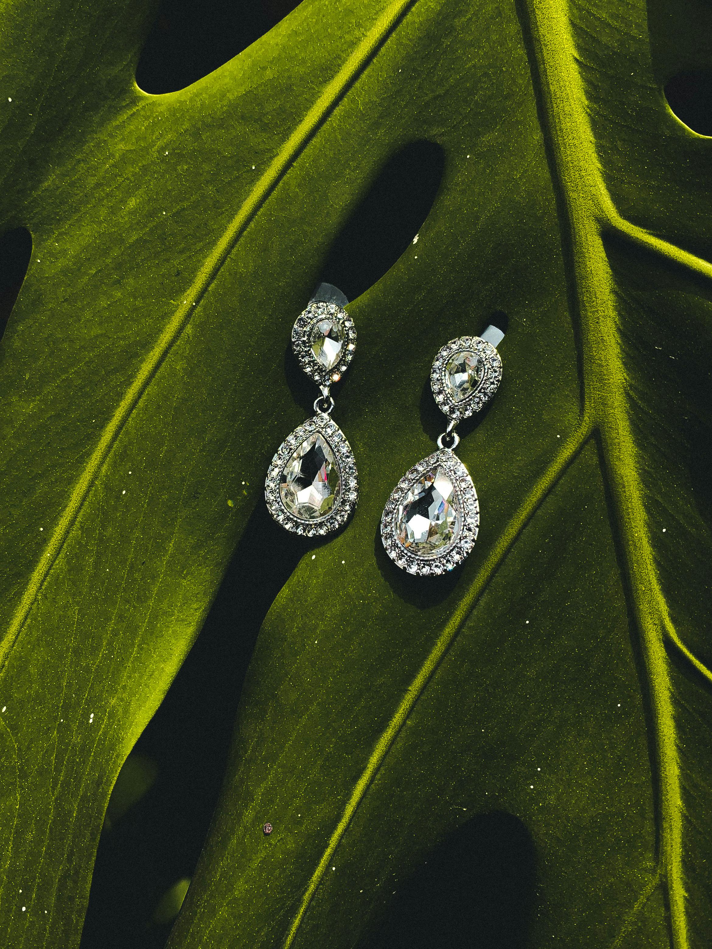 American Diamond Earring  Leaf Pattern with Panna Green Stones  34718   PAJINDIA