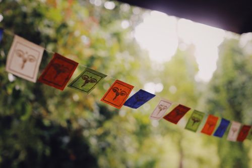 Free Vibrant vertical string of Tibetan prayer flags fluttering against a green blurred background outdoors. Stock Photo