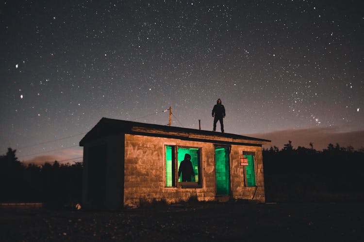 Small Building At Night With Person On Roof