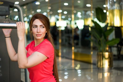 Young woman in pink t-shirt exercising indoors at a gym holding equipment.