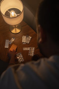 An unrecognizable man sorting pills under a lamp's warm glow.