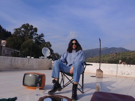Woman in jeans and sweater relaxing on a rooftop chair with a vintage TV nearby in Aydın, Turkey.