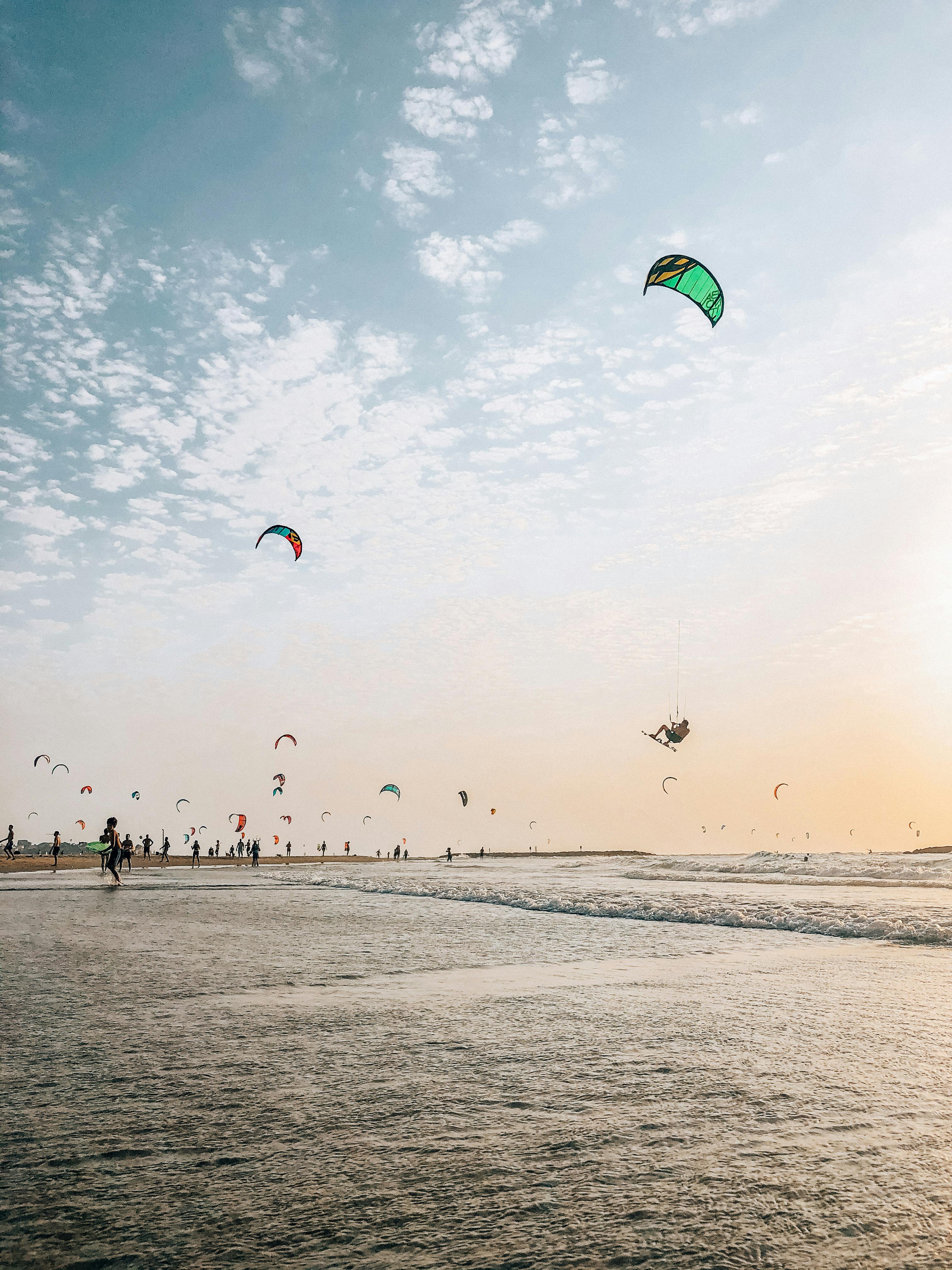 people flying kites on the beach