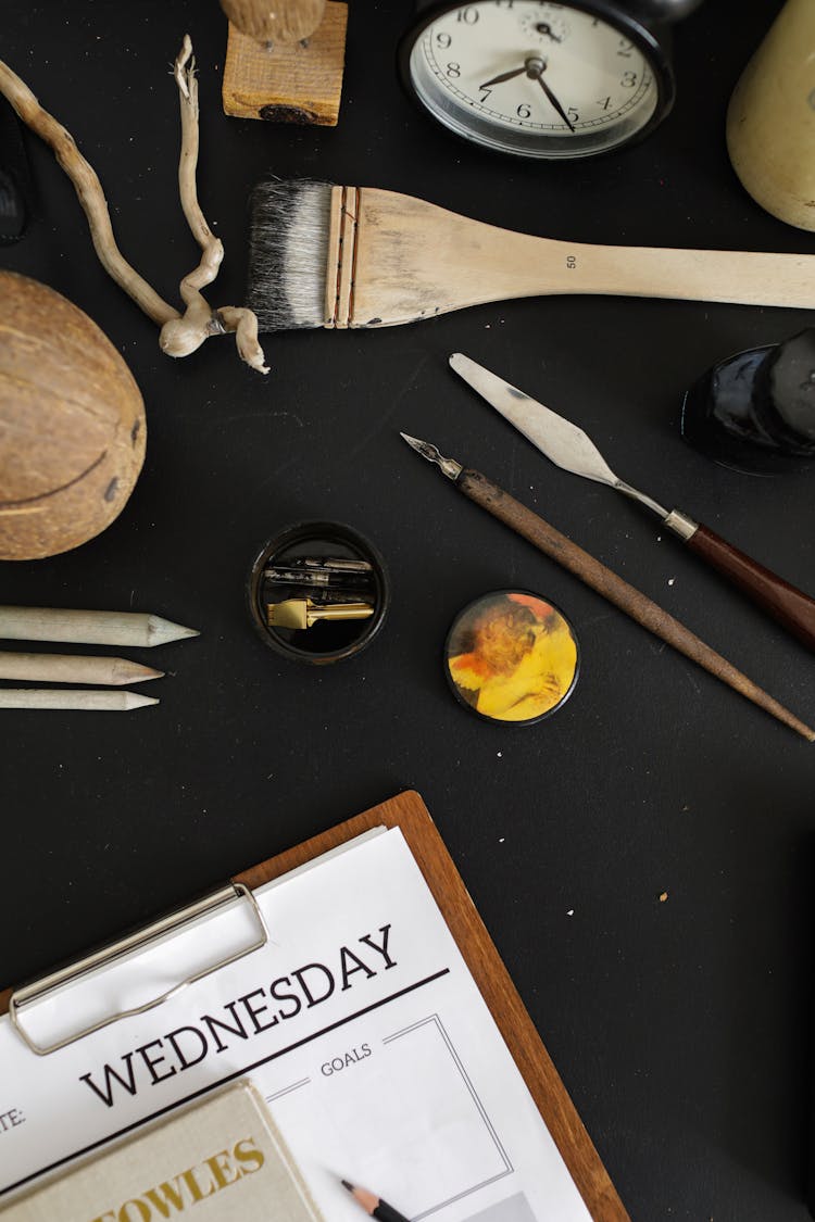 Directly Above View Of Drawing Materials On Desk