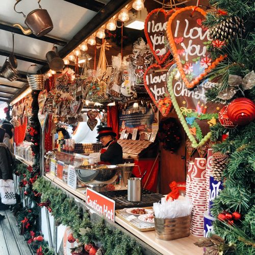 Free Colorful Christmas market stall with festive decorations in Nottingham, UK. Stock Photo