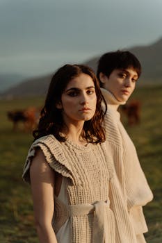 Two individuals in fashionable knitwear pose in a serene countryside landscape.