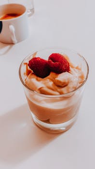 Close-up of a creamy dessert topped with fresh raspberries in a glass with blurred background.