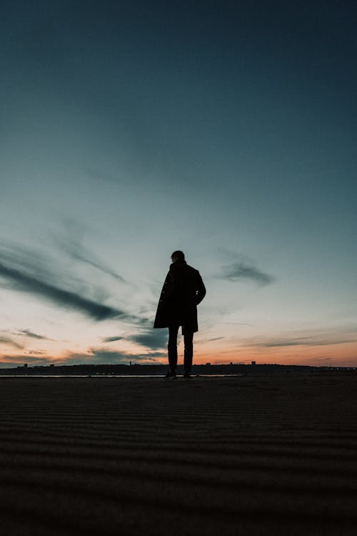 Silhouette of a Person Standing on Beach Sand