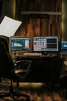 A modern home office setup with dual computer monitors, keyboard, and stylish lighting.