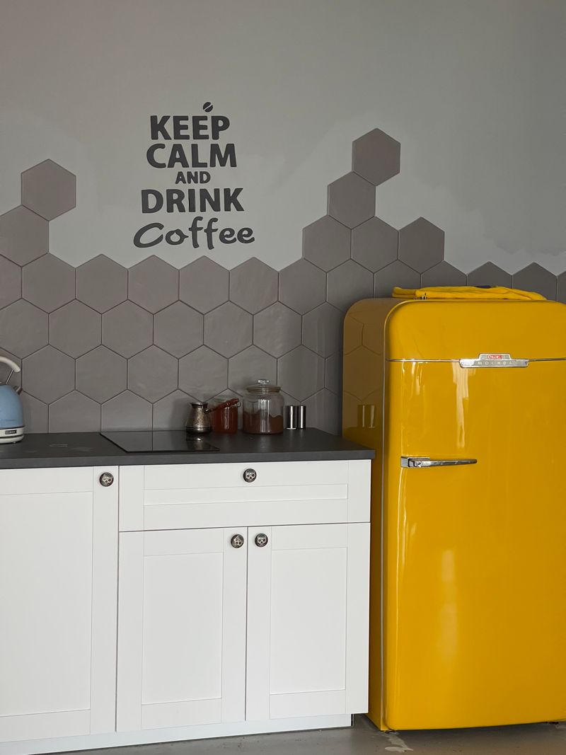 Bright kitchen featuring a colorful retro-style refrigerator