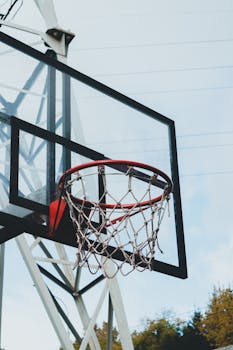 Close-up of a basketball hoop outdoors with a clear blue sky as the backdrop.