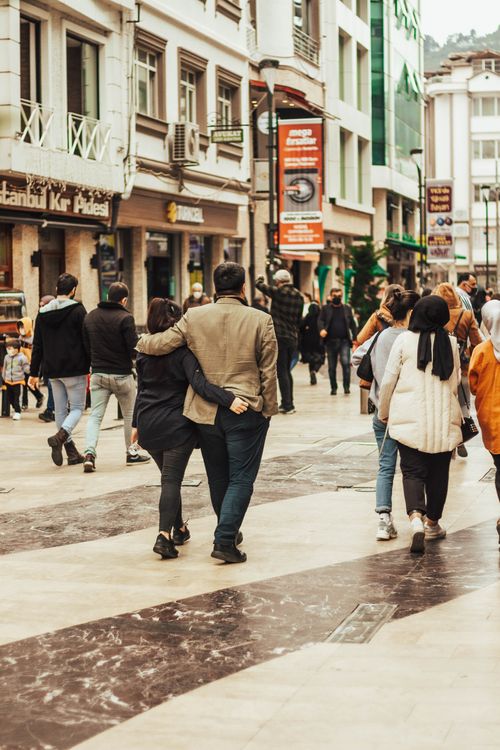 Free People walking on a busy street in Ordu, Turkey, showcasing urban life and architecture. Stock Photo