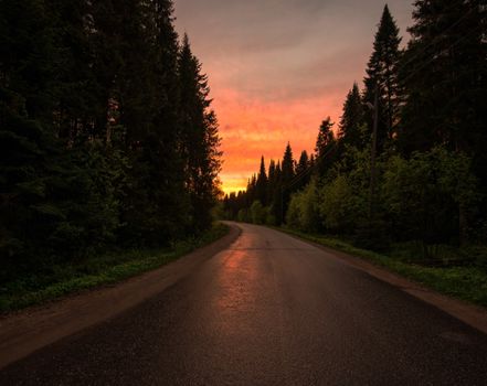 A serene roadway through lush woods with a vibrant sunset sky.
