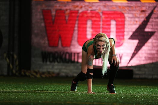 Fitness-inspired photo of a female athlete poised on a turf field indoors, ready for action.