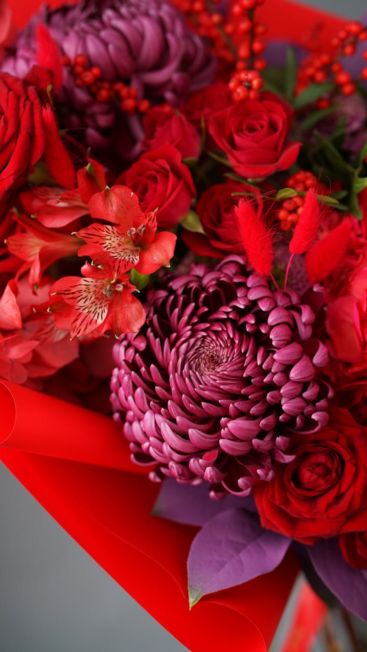 Bunch Of Red Flowers In Red Wrapping Paper