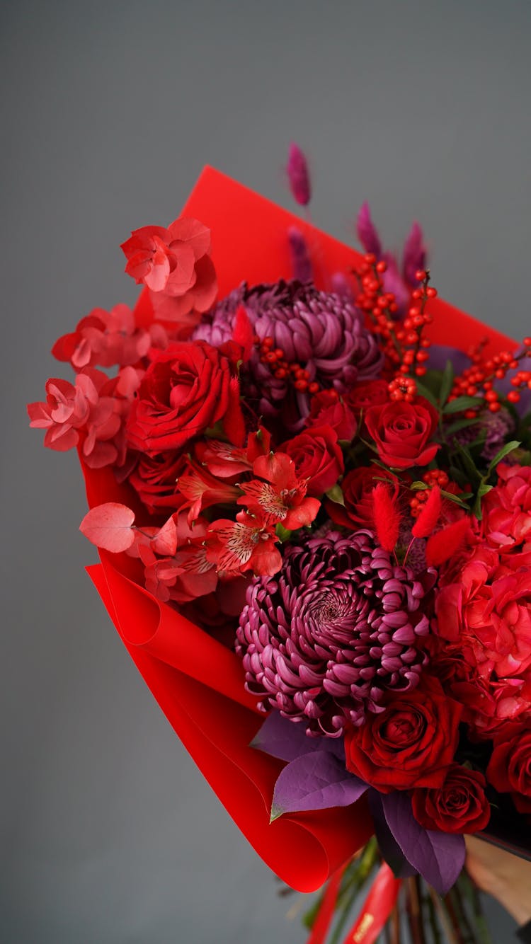 Bunch Of Red And Crimson Cut Flowers With Trim