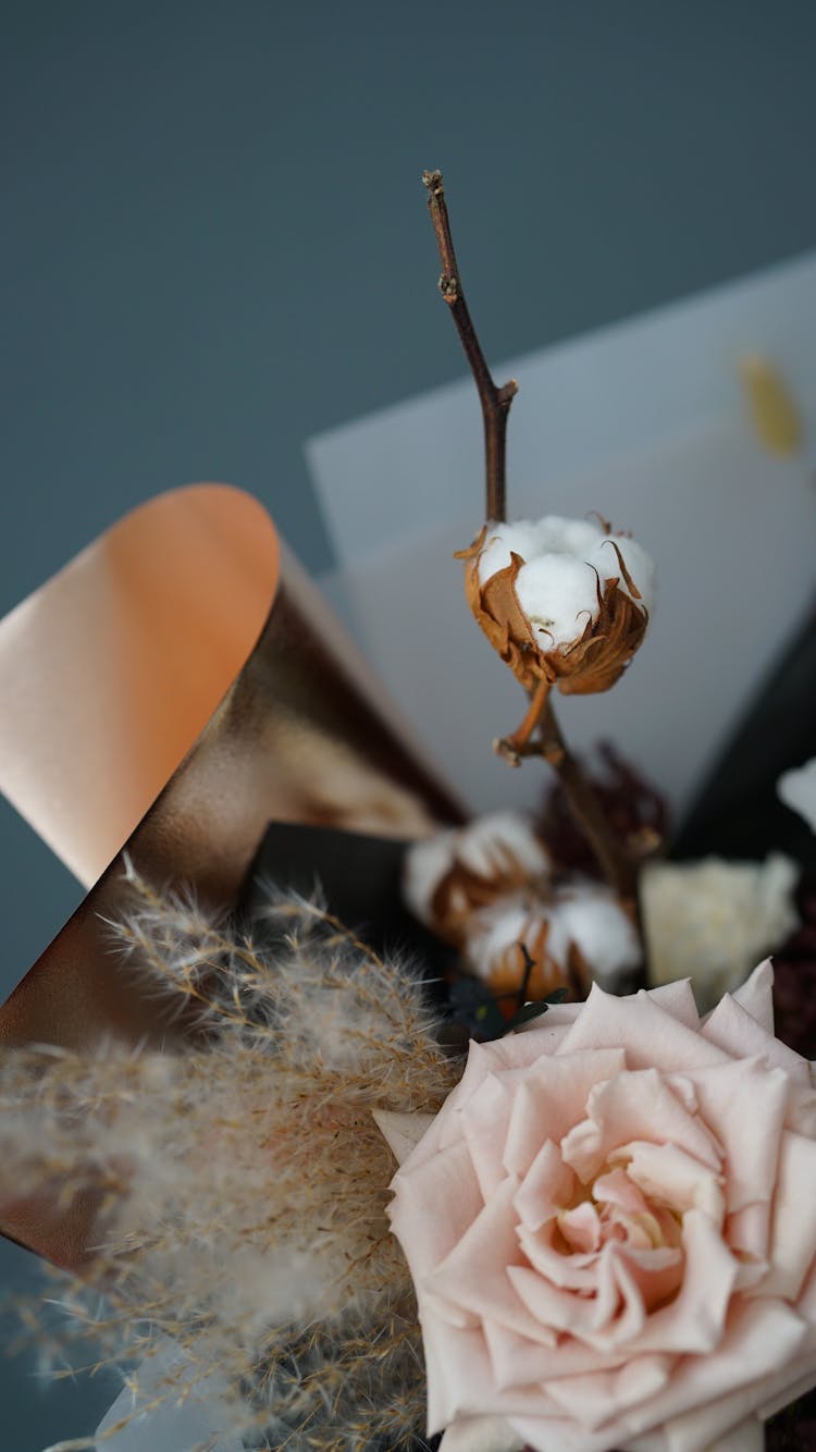 Pale Pink Rose In Bouquet With Dried Pampas Grass And Cotton Flower