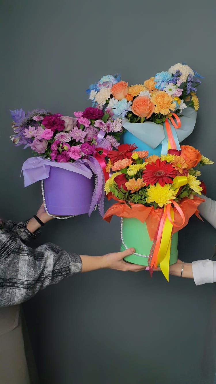 Hands Giving Flowerpots With Flowers