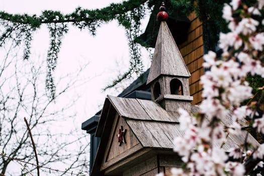 前景中，一根盛开的樱花树枝暗示着春天，镜头聚焦于一个乡村木制屋顶的细节