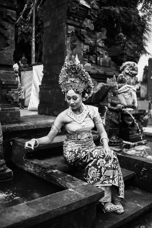 Woman in Traditional Cambodian Clothing in Grayscale