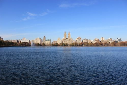 Free A serene view of Central Park's reservoir with Manhattan skyline in the background under a clear blue sky. Stock Photo
