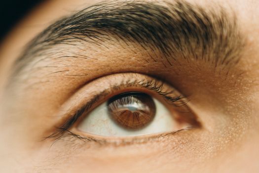 A detailed close-up photograph focusing on the human eye, showcasing the texture of the eyelid, eyebrow, and brown iris.