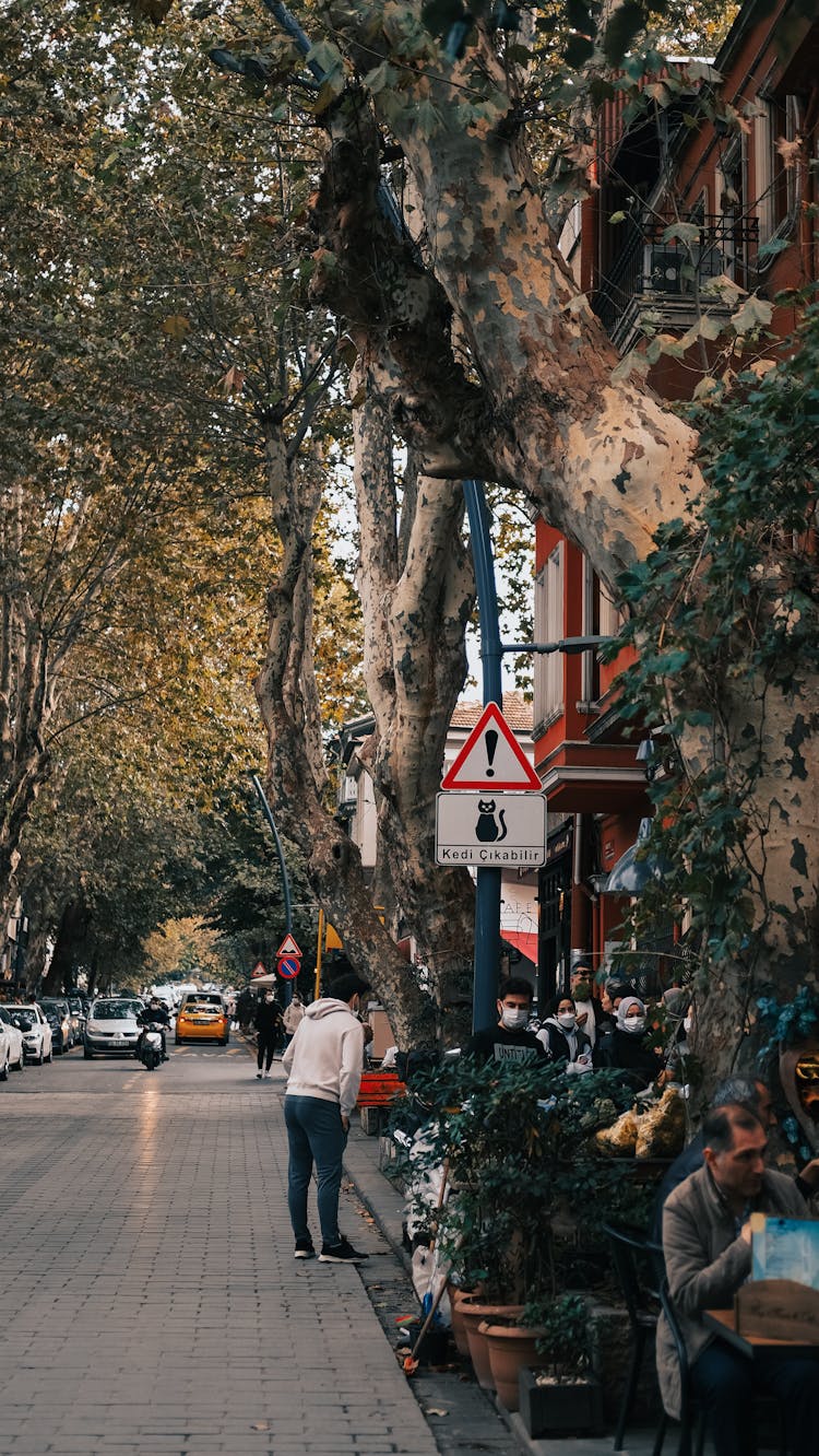 People Sitting By Outdoor Cafe Tables By Street